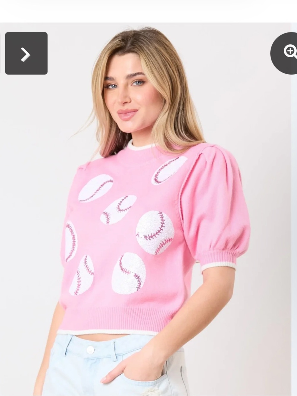 New Peach Love Boutique Pink Puff-Sleeve Sequin Baseball Sweater Top Sz L $64